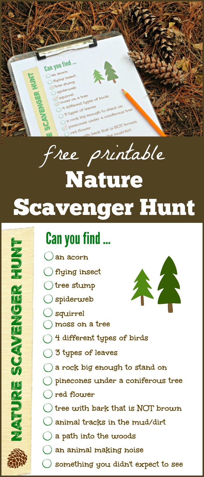 Nature Scavenger Hunt printable list for preschool, kids, tweens and families