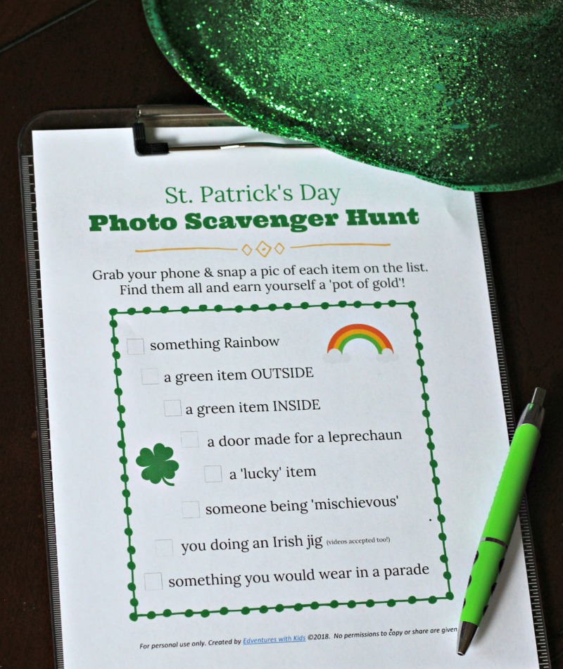 Scavenger hunt activity for kids on St Patrck's Day