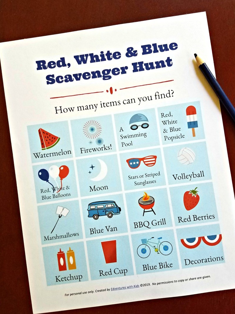 Free Fourth of July scavenger hunt for kids with red white and blue things to find!